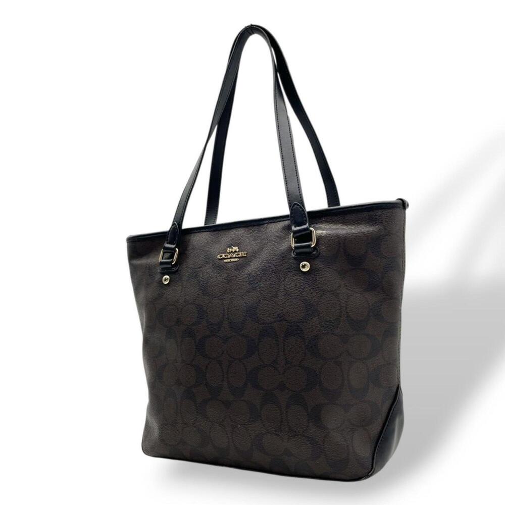 COACH Luxury Signature Tote Bag F58294 Brown Leather Gold Hardware Shoulder f...